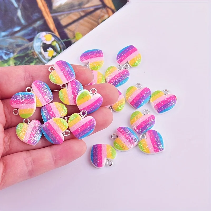 Resin Art Pendant - 10Pcs Colorful Heart Resin Charms Cute